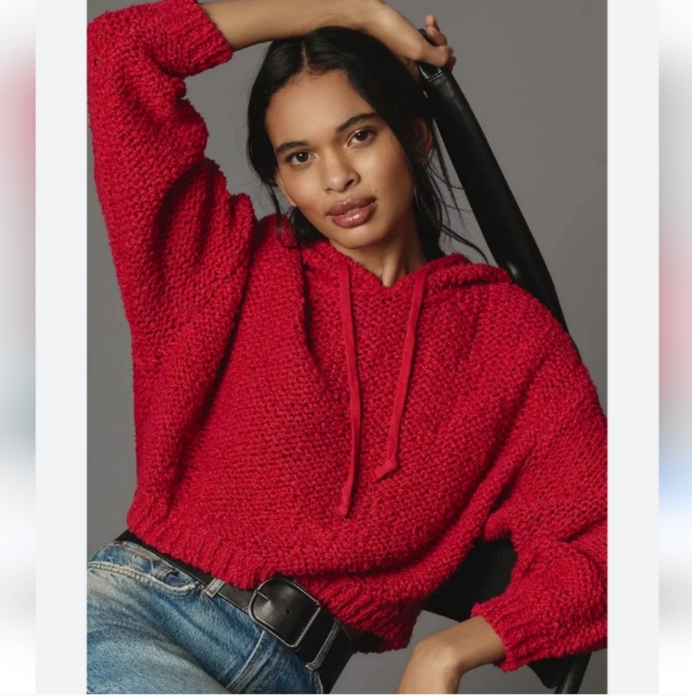 NWOT Anthropologie Pilcro Chunky Knit Relaxed Oversized Crop  Hoodie In Red
